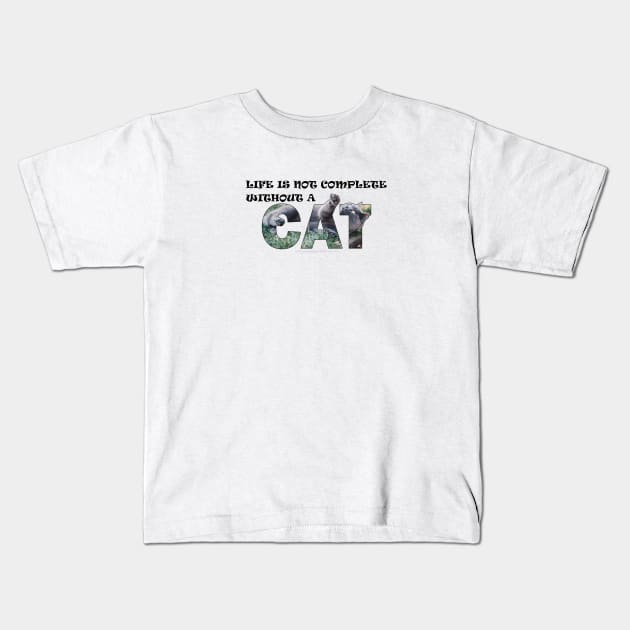 Life is not complete without a cat - grey cat oil painting word art Kids T-Shirt by DawnDesignsWordArt